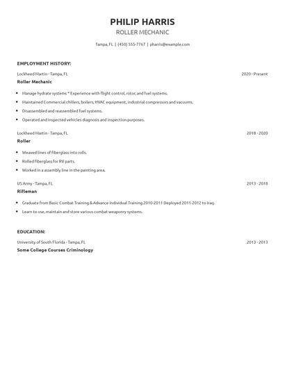 Roller Mechanic Resume