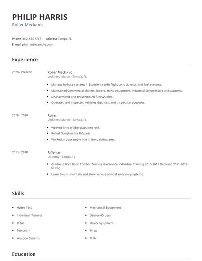 Roller Mechanic Resume