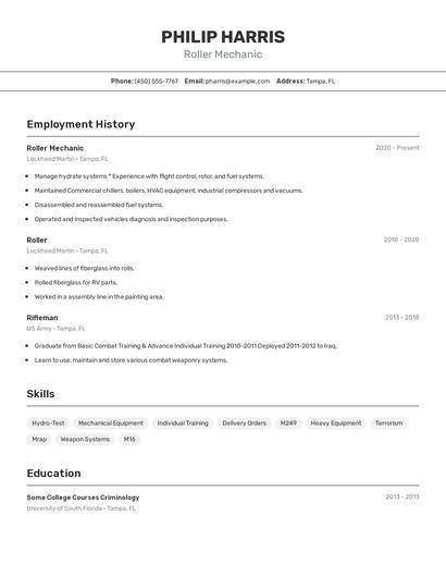 Roller Mechanic Resume