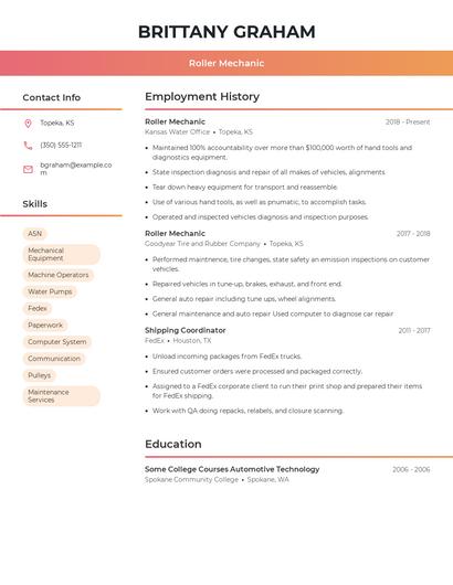 Roller Mechanic Resume