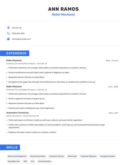 Roller Mechanic Resume