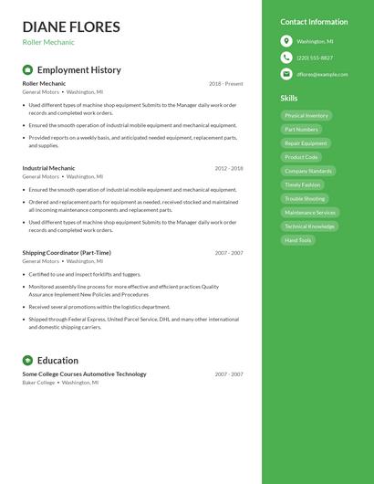 Roller Mechanic Resume