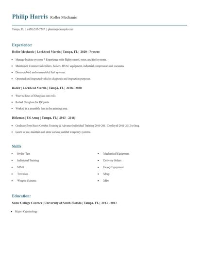 Roller Mechanic Resume