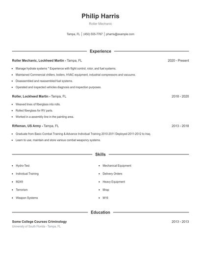 Roller Mechanic Resume