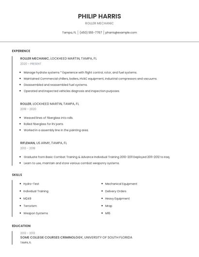 Roller Mechanic Resume