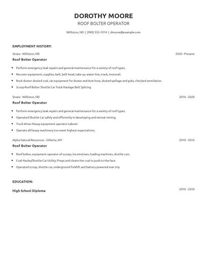 Roof Bolter Operator Resume