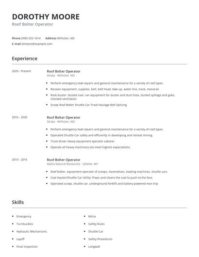 Roof Bolter Operator Resume