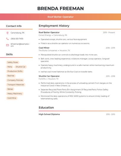 Roof Bolter Operator Resume