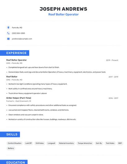 Roof Bolter Operator Resume