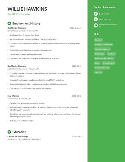 Roof Bolter Operator Resume