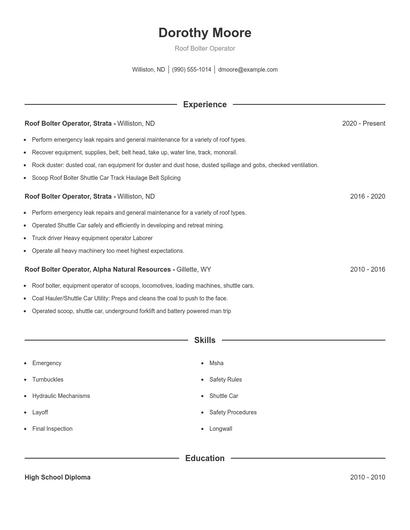 Roof Bolter Operator Resume