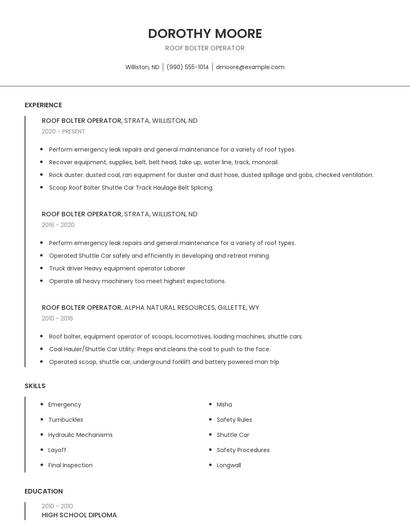 Roof Bolter Operator Resume