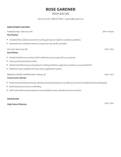 Roof Bolter Resume