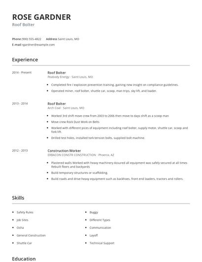 Roof Bolter Resume