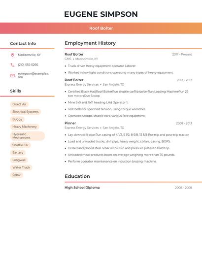 Roof Bolter Resume
