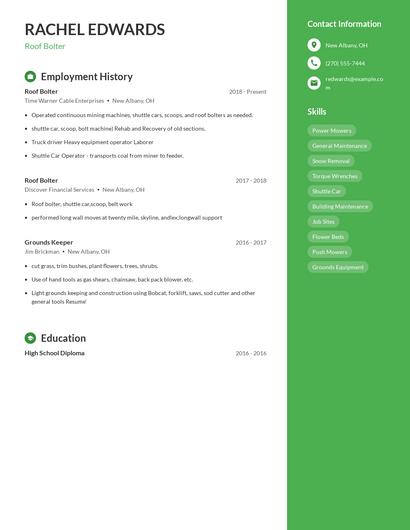 Roof Bolter Resume