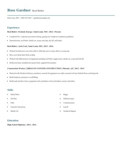 Roof Bolter Resume