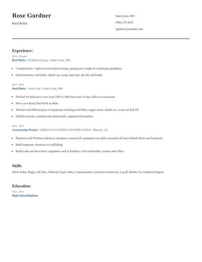 Roof Bolter Resume