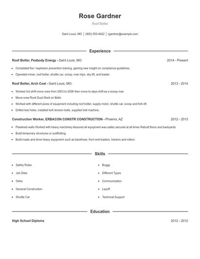 Roof Bolter Resume