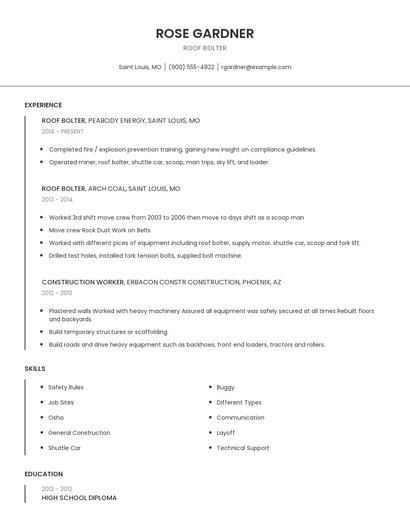 Roof Bolter Resume