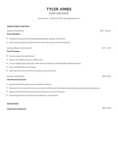 Roof Mechanic Resume