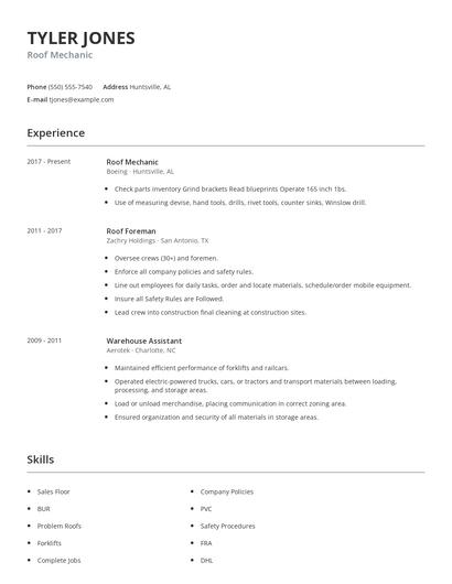 Roof Mechanic Resume
