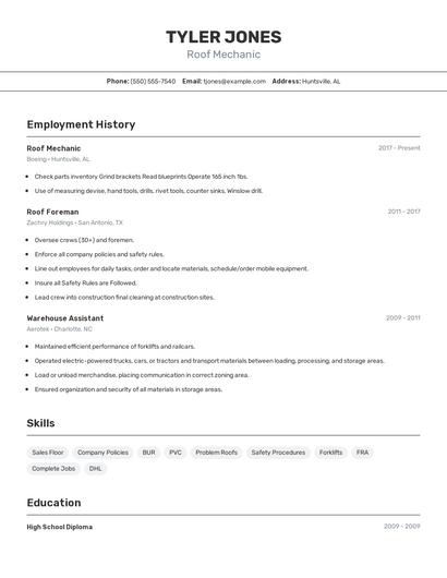 Roof Mechanic Resume