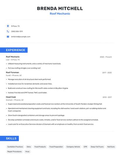 Roof Mechanic Resume