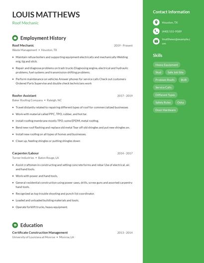 Roof Mechanic Resume