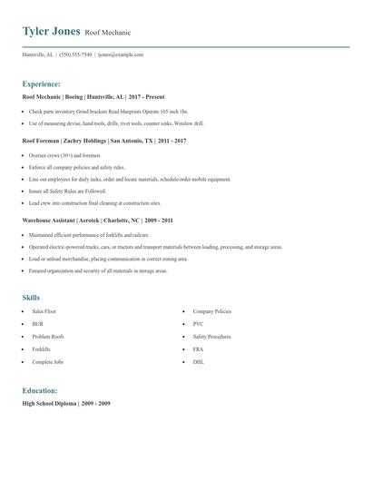 Roof Mechanic Resume