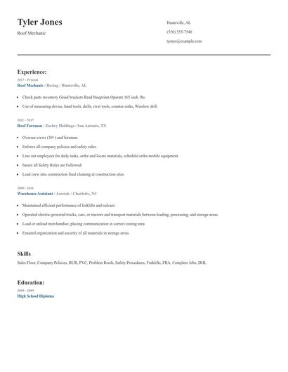Roof Mechanic Resume