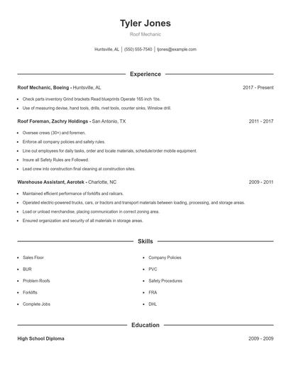 Roof Mechanic Resume