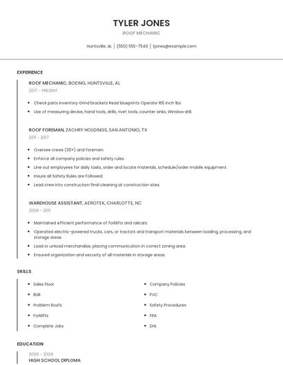 Roof Mechanic Resume