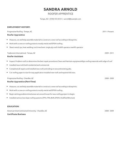 Roofer Apprentice Resume