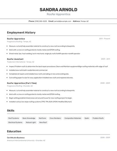 Roofer Apprentice Resume
