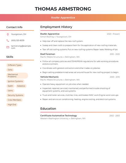 Roofer Apprentice Resume