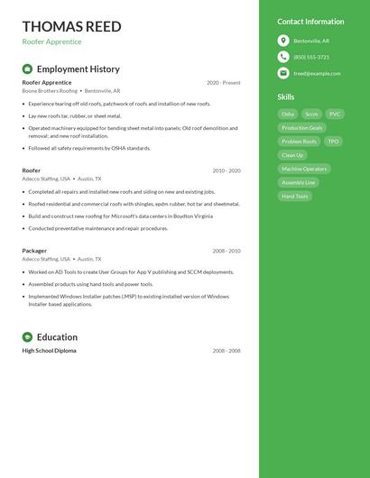 Roofer Apprentice Resume