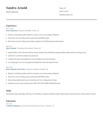 Roofer Apprentice Resume