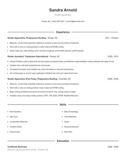 Roofer Apprentice Resume