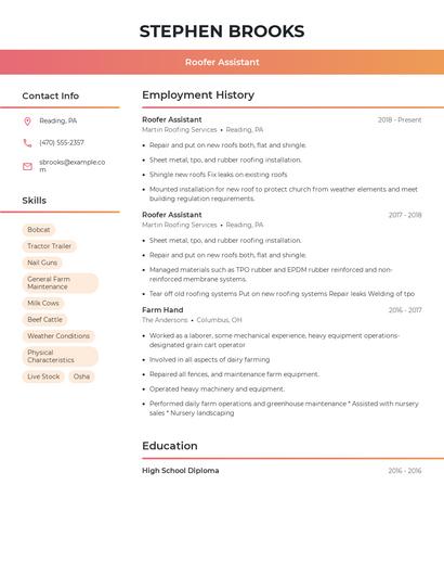 Roofer Assistant Resume