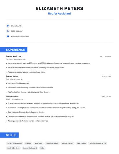 Roofer Assistant Resume