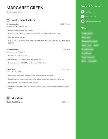 Roofer Assistant Resume