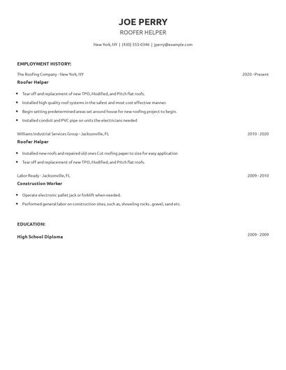 Roofer Helper Resume