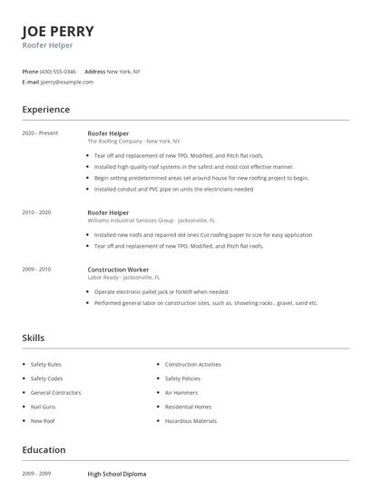Roofer Helper Resume