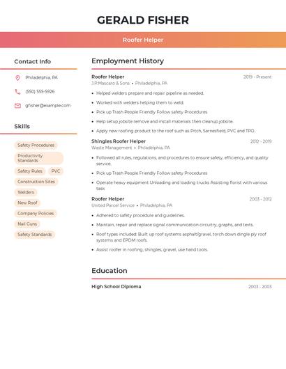 Roofer Helper Resume