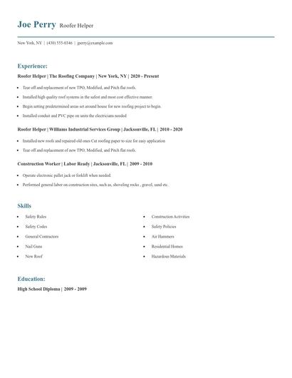 Roofer Helper Resume
