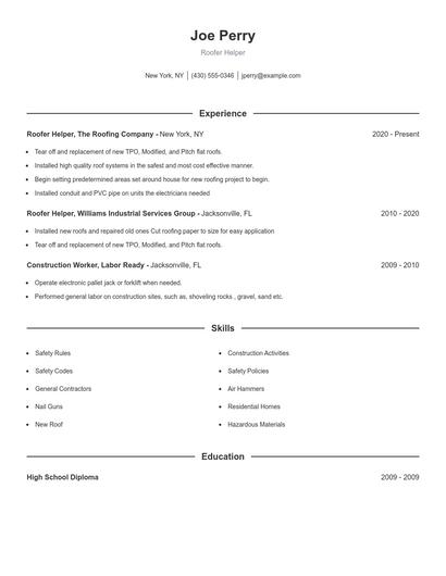 Roofer Helper Resume