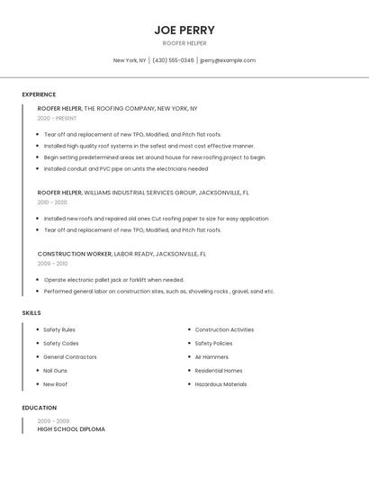 Roofer Helper Resume