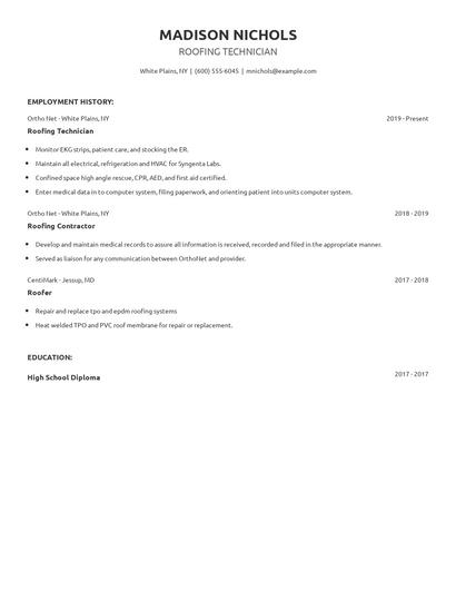 Roofing Technician Resume