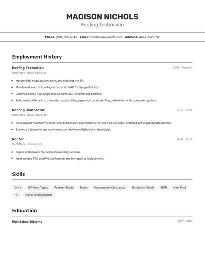 Roofing Technician Resume